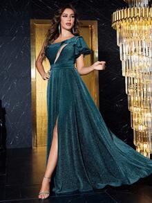 One-Shoulder Mesh Patchwork Sequin Slit Dress - Teal Blue - View 5