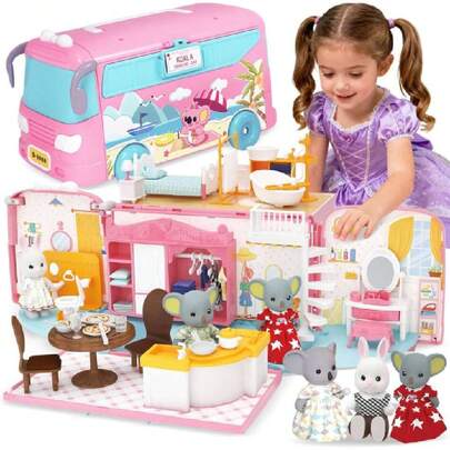 Juguetes Casa de Muñecas para Niñas, Juguete Plegable Autobús de Transformación, Casa de Muñecas con Accesorios de Muñeca y Muebles, Regalo Navidad para Niños de 3+ Años,41023498