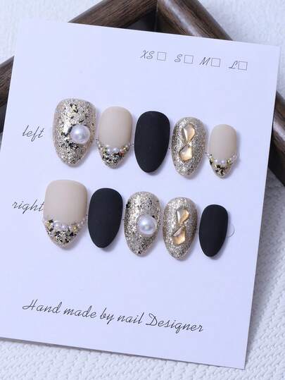 10pcs/Set Handmade Short Almond Shaped Nail Tips In Y2K Apricot Color, In A French Style With 3D Handcrafted Diamond And Pearl Inlay, And Hand Painted Gradient Fine Glitter Design For Nail Decoration. 1 Piece Of Jelly Gel And 1 Piece Of Nail File, Very Suitable For Daily Life As Well As For Costumes For Coachella Music Festival Parties, Press On Nails And Nail Care Products.