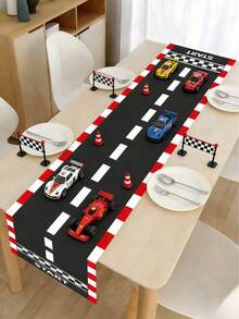1pc Polyester Racing Theme Birthday Party Table Runner, Black & Red Checkered Racing Track Style Tablecloth, 35*180cm Racing Theme Birthday Party Table Decor, Racing Birthday Party Room Kitchen Table Decor, Home Decor, Room Decor, Tabletop Center Decor, Racing Party Decoration, Happy Birthday Party Supplies, Party Favors - Racing Track - View 4