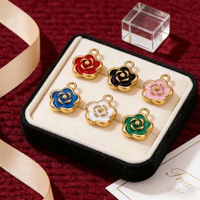 1个5/8/10毫米不锈钢吊坠，金色珐琅玫瑰花，用于珠宝制作DIY耳环、项链、手链，批发