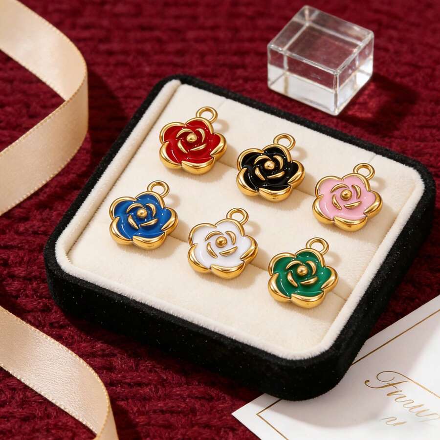 1个5/8/10毫米不锈钢吊坠，金色珐琅玫瑰花，用于珠宝制作DIY耳环、项链、手链，批发 - 彩色 - 查看 1