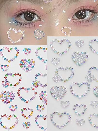 2Sheet Sparking Rhinestone Rhinestones Heart Shape Face Gems Stickers- Y2K Shiny Eyes Face & Body Jewels Sticker For DIY Self-Adhesive Makeup Decoration Crafts, Perfect For Parties & Stage Festivals, Cosplay,Masquerade Decorations