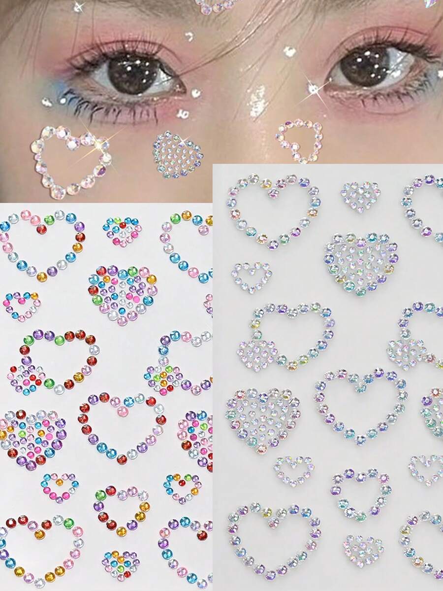 2Sheet Sparking Rhinestone Rhinestones Heart Shape Face Gems Stickers- Y2K Shiny Eyes Face & Body Jewels Sticker For DIY Self-Adhesive Makeup Decoration Crafts, Perfect For Parties & Stage Festivals, Cosplay,Masquerade Decorations - Multicolor - View 1