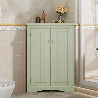 Grönt hörnbadrumsskåp – Fristående triangulärt skåp med 2 dörrar och 3 hyllor, högkvalitativ MDF-panel med lackerad yta, platsbesparande för badrum, kök, vardagsrum (61,5 x 90 cm)