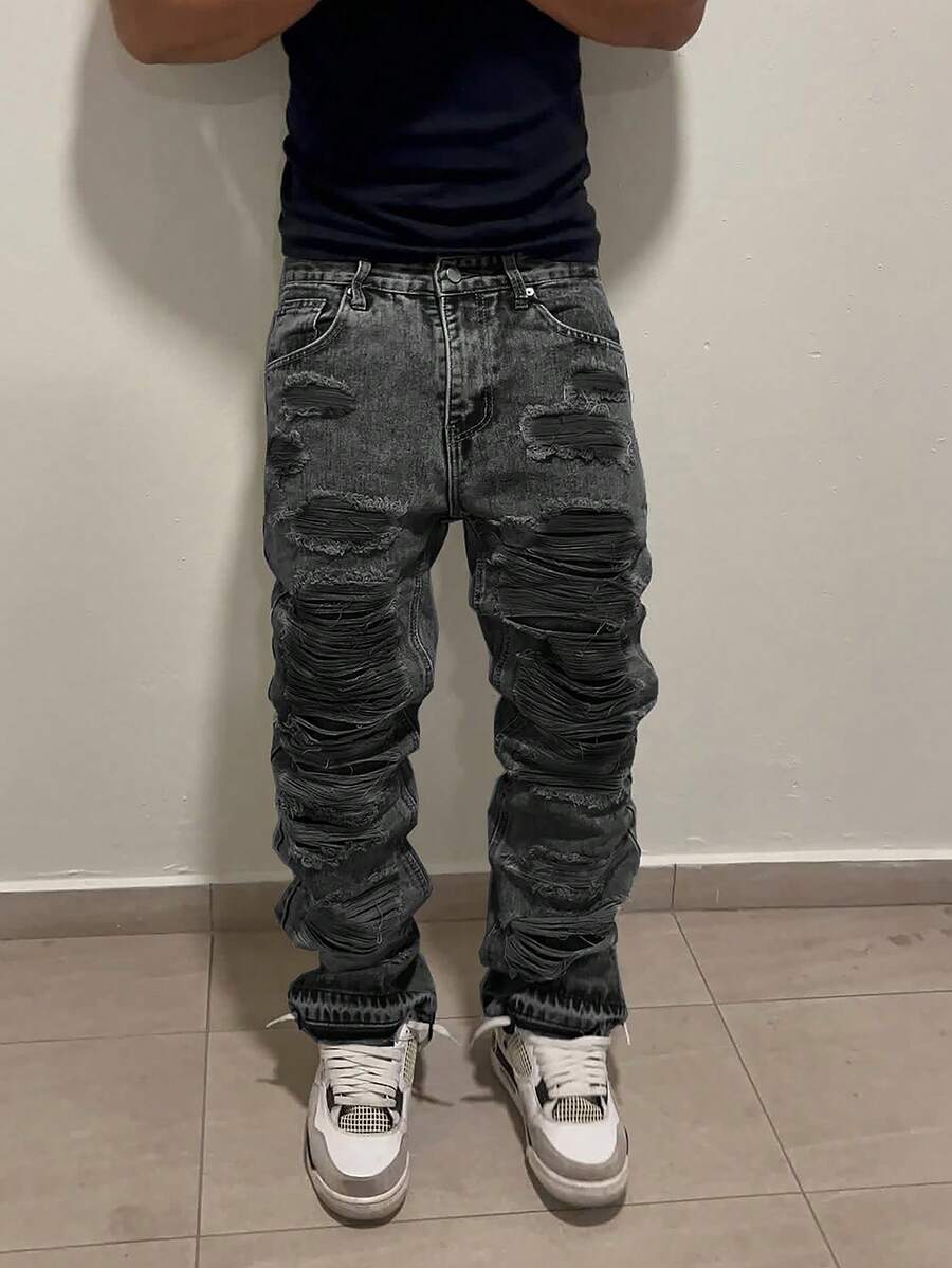 男士破舊貓鬚直筒牛仔褲 Y2K 街頭風丹寧搖滾,四季穿著毛邊褲腳牛仔褲,差色水洗寬鬆牛仔褲 - 黑色 - 查看 1