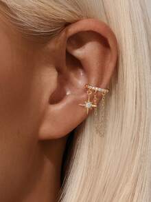 S925 Sterling Silver Ear Cuffs For Women 18K Gold Plated Star Chain Hoop Earrings Piercing Clip On Earrings With Cubic Zirconia Hypoallergenic Minimalist Tassel Illusion Earrings Jewelry Gift For Her - ngôi sao tám cánh - Xem 6