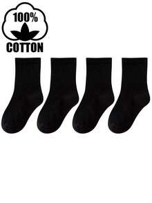 4 Pairs All Cotton Children's Socks, Spring/Summer Pure Cotton Plain Black Mid-Calf Socks, Simple Style For Boys/Girls Students, Babies - Black and White - View 7