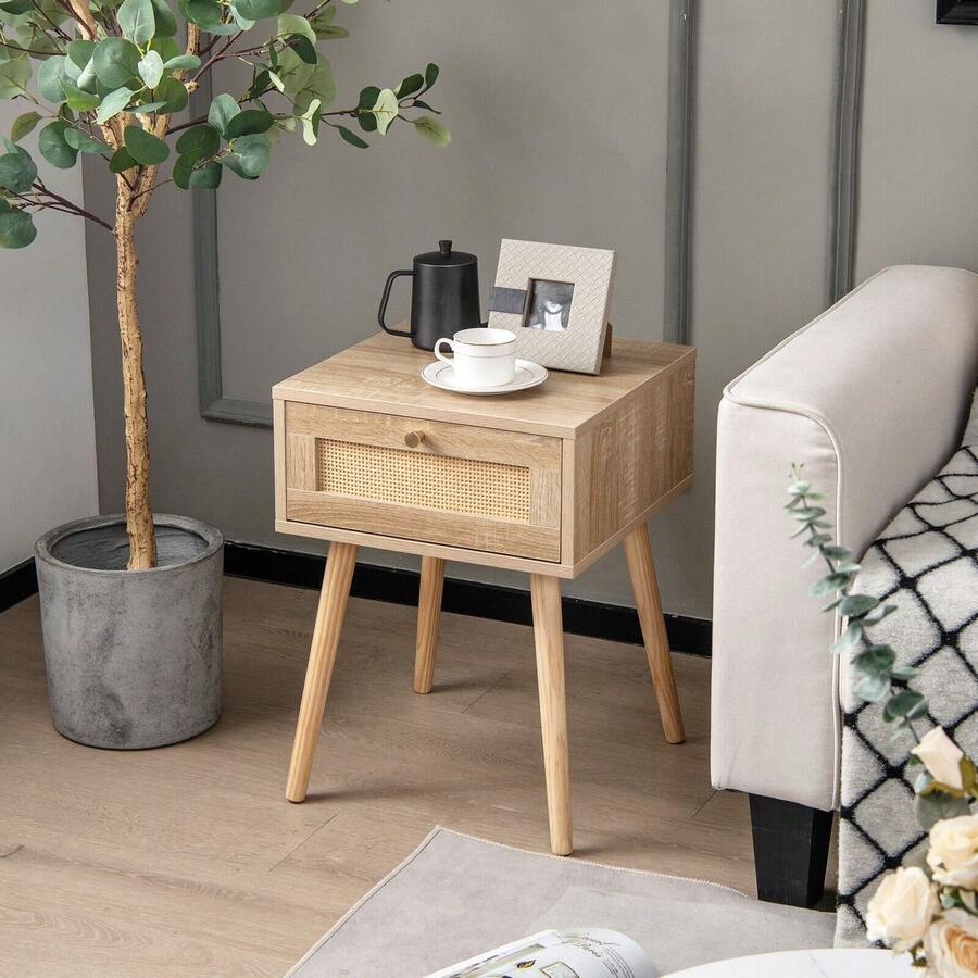 COSTWAY Boho Bedside Table With Hand-Woven Rattan Decoration, Natural - Apricot - View 1