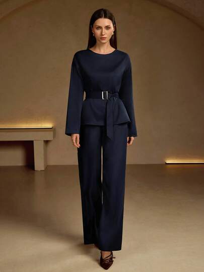 Ladies' Elegant Solid Color Long Sleeved Round Neck Top Straight Leg Pants Two Pieces Set, Elegant Casual Style, Mature Mature Mature Lady Style, Professional Elite Outfit, Suitable For Office Commuting, Evening Dates, Daily Outings, Ladies' Long Sleeved Pants Two Pieces Set