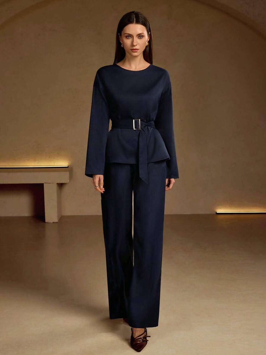 Conjunto de dos piezas de pantalón y blusa de manga larga de unicolor y cuello redondo para dama, estilo elegante y casual, apropiado para oficina, citas nocturnas y salidas diarias, conjunto de pantalón y blusa de manga larga para dama, primavera - azul real - Ver 1