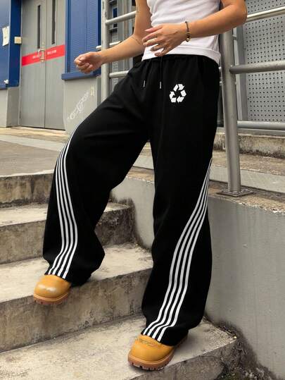 舒适宽松条纹休闲运动裤，毛边设计，宽松版型，男士宽松印花抽绳腰运动裤