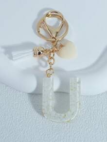 Shiny Marble Texture Uppercase English Resin Letter Set (26 Letters), 18K Gold Plated Lobster Clasp Chain Flat Ring 3 Pieces Set, Fashionable & Casual, Can Be Used As Cup Chain, Bag Chain, Phone Hanging Chain, Perfect For Birthday, Christmas Gifts, Car Accessories, Bag Charms, Campus Style, Gothic Style, Y2K Style - Beige - View 25