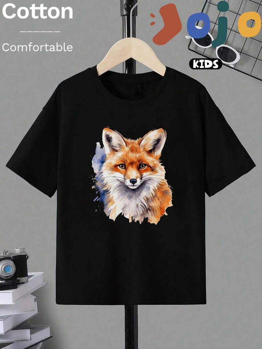 Realistischer Fuchsprint, Jungen-/Mädchenstil, geripptes T-Shirt aus reiner Baumwolle, Preppy-Stil, sportliche, weiche und atmungsaktive Kurzarm-Kinderbekleidung. - Schwarz - Übersicht 1