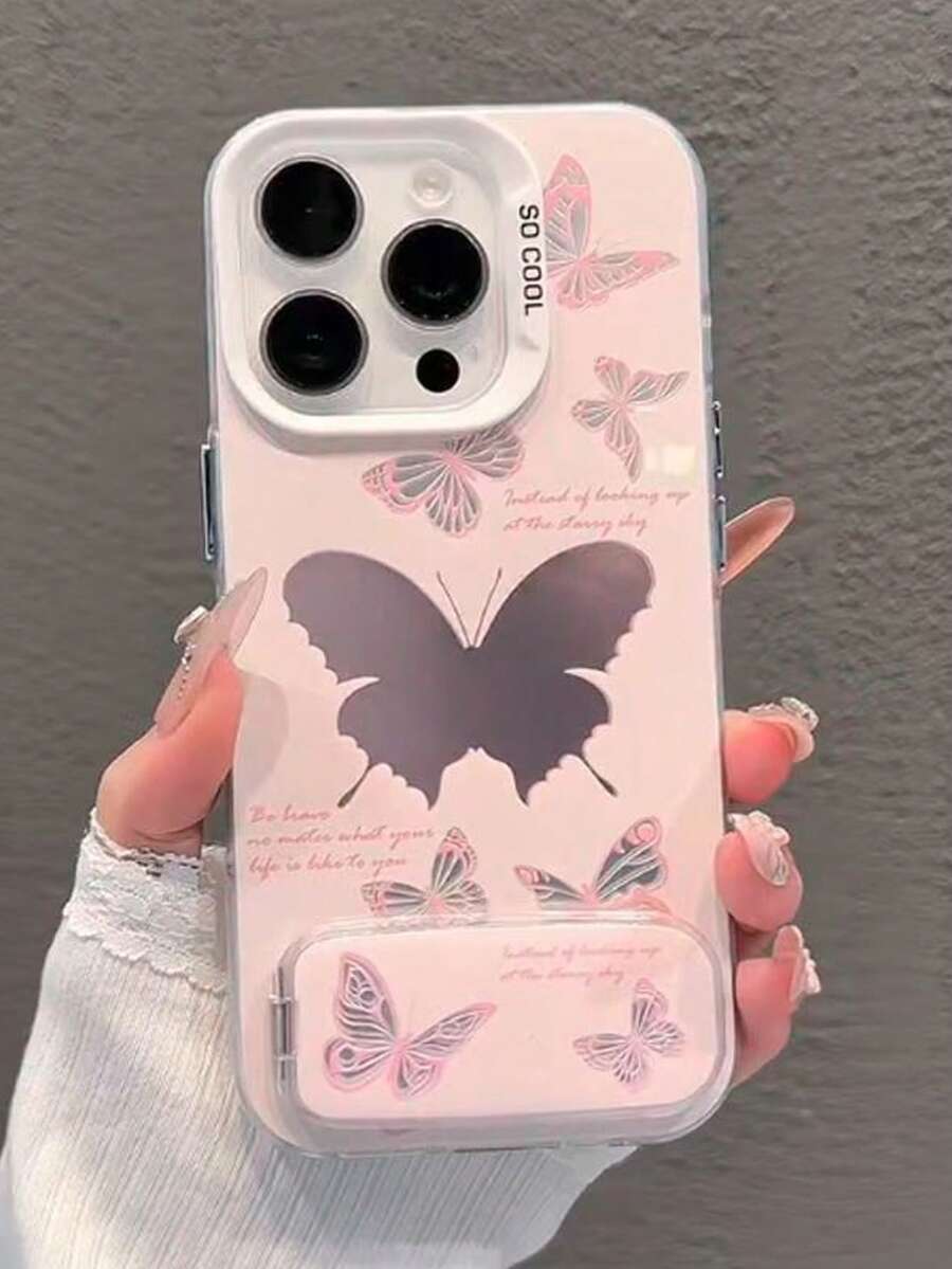 1pc Fashionable Pink Butterfly Invisible Bracket Phone Case With Mirror, Fits 11/12/13/14/15/16 Pro/17 Pro Max, Luxury Quality Full Protection Case, Valentine's Day Gift - Pink - View 1