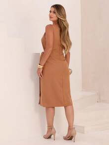 Dress With A Sophisticated Drape And A Front Knot. - Camel - View 2