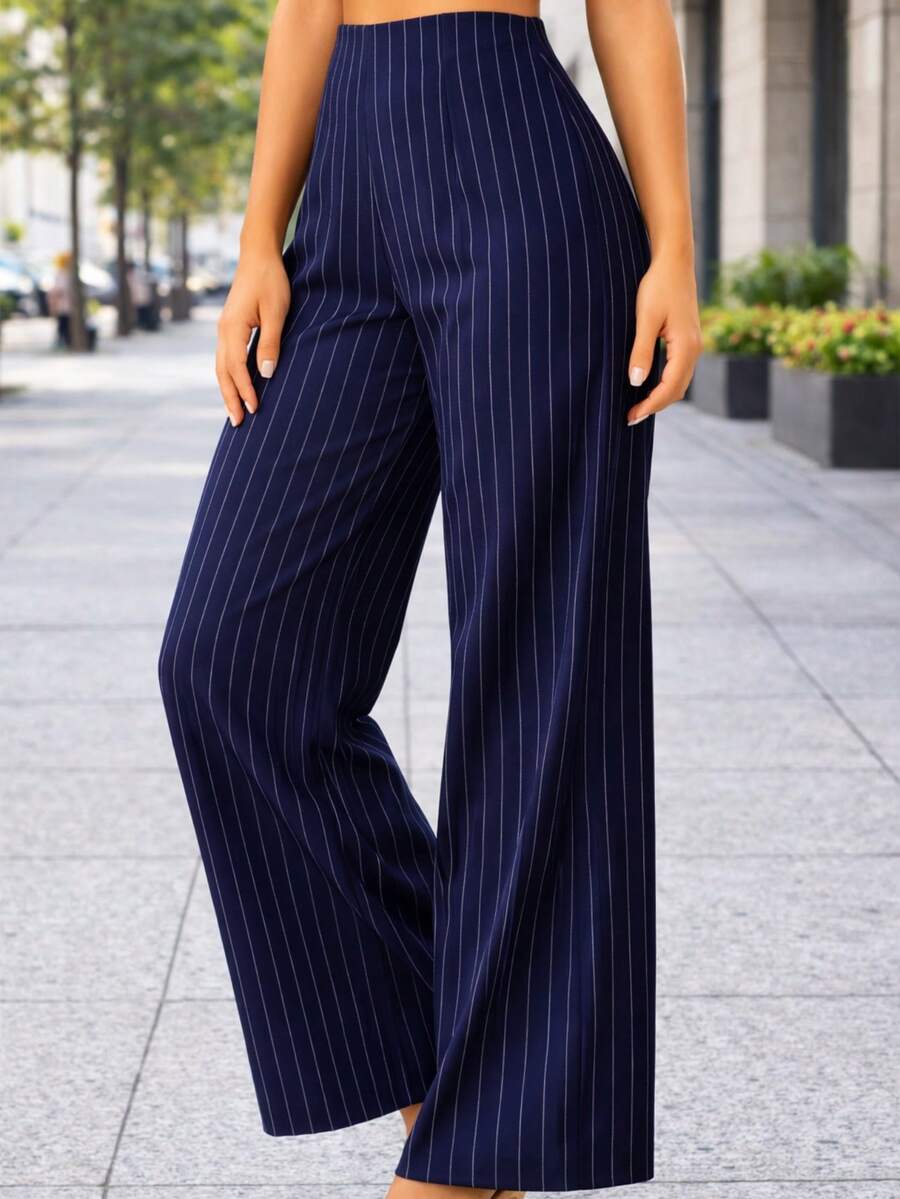 Pantalón pierna amplia de vestir dama mujer pantalones tipo traje elegante casual formal cintura alta pinzas wide leg cierre frontal acinturado estampado rayas rayado lineas día noche diario oficina fiesta salida graduación boda brunch cómodo fresco ligero moderno juvenil - Azul Marino - Ver 1