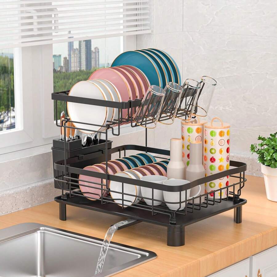 Abtropfgestell mit Drainageplatte, Doppelschichtiger Abtropfgestell Geschirr, Geschirrabtropfgestell mit Besteck- und Becherhalter - Schwarz - Übersicht 1