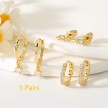 3 Pairs Zirconia Earrings Set, 1 Pair Studs + 1 Pair Clip-Ons + 1 Pair Dangle Earrings, Light Luxury Simple Style, Mix & Match Wearable - Multicolor - View 13
