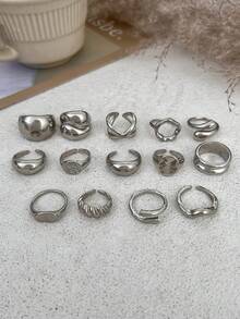 14 piezas Conjunto de anillos gruesos de metal dorado minimalista y de moda con diseño geométrico asimétrico exagerado y gota de agua hueca. Apilables para mujer. (La colocación individual de los anillos puede variar ligeramente, por favor consulte las imágenes del producto real para verificar) - Plateado - Ver 2