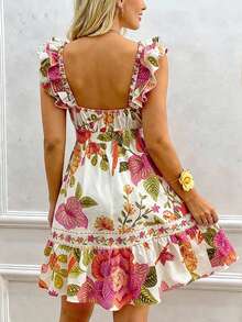 Đầm nghỉ mát phong cách Bohemian màu trắng thanh lịch, họa tiết hoa và sọc, viền xếp ly, cài cúc phía trước, kiểu dáng thanh lịch, màu trắng. - trắng - Xem 4