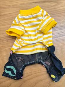 Spring/Summer New Pet Dog Cat Clothes, Poodle, Bichon Frise, Teddy, Ragdoll Cat, Siamese Cat Denim Pants, Yellow Striped T-Shirt, Fashionable Patchwork - Yellow - View 5