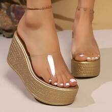 女士极简主义坡跟凉鞋，棕色和金色，春夏款 - 無色 - 查看 4