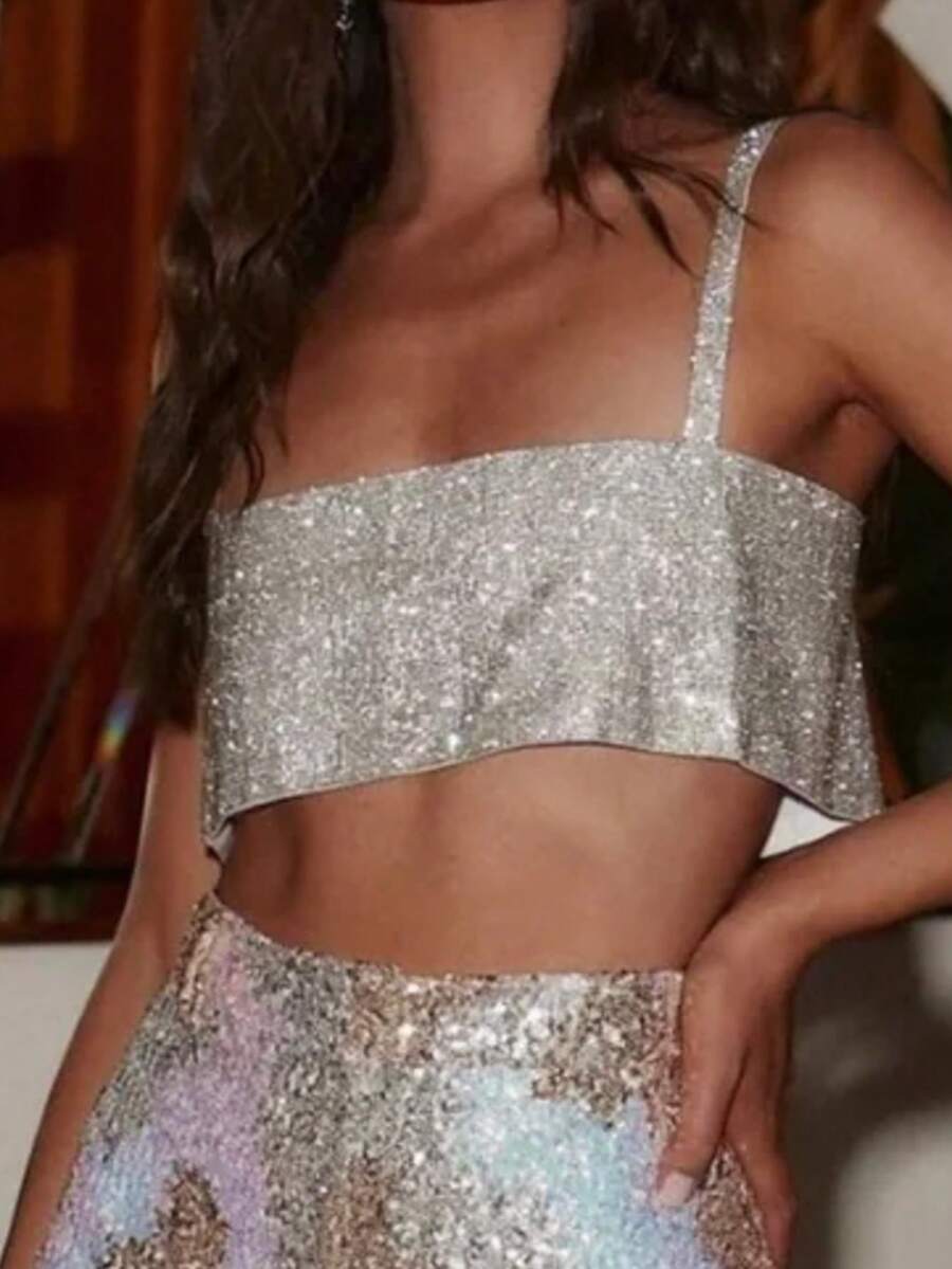 闪亮水钻露背超短吊带背心，适合夜间外出、休闲度假、夏季穿着，白色 - 白色 - 查看 1