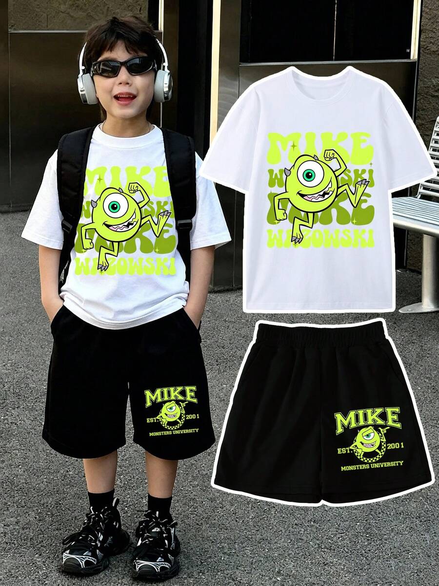 Disney Short-Sleeve T-Shirt And Shorts Summer Set The T-Shirt Features A Monster University Mike Wazowski Cartoon Lettering Design, While The Shorts Showcase A Monster University Mike Wazowski Lettering Print. Crafted From Soft, Comfortable Fabric, This Two-Piece Boys' Set Is Perfect For Spring And Summer. Its Cool, Stylish Look Makes It Ideal For Everyday School Wear, Shopping Outings, And Travel Adventures-And It Makes An Excellent Gift For Young Boys. - Trắng + Đen - Xem 1