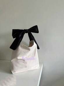 Personalized Name Canvas Tote Bag With Elegant Black Satin Ribbon, French Style Shoulder Bag, Customizable Single Initial, Suitable For Baby Shower Gift, Mom Bag, Valentine's Day Gift - Multicolor - View 8