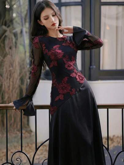 Vestido de línea A elegante con bordado para el Día de San Valentín, vestidos de fiesta y baile con parches de malla para fiestas, vestidos de mujer con mangas abullonadas florales, vestido casual modesto de primavera y verano en color negro y rojo