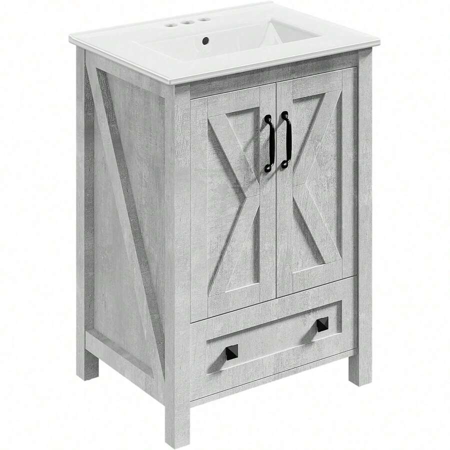 Mesa de baño moderna con fregadero de cerámica, mesa de baño con 2 puertas y 1 cajón de almacenamiento, armario de baño independiente con diseño moderno - Gris - Ver 1