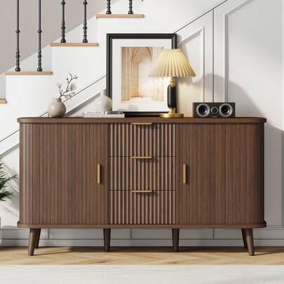 GIKPAL Sideboard With 3 Drawers, 55" Buffet Cabinet With Storage, Sliding Tambour Doors & 2 Adjustable Shelves, Mid Century Accent Storage Cabinet For Kitchen, Living Room, Hallway