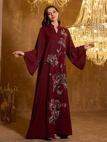 SUPGIR 女士【随机印花】立领长袖手工串珠缎面正式连衣裙 - 酒紅色 - 查看 5