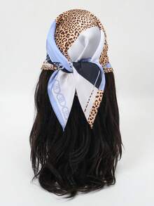 1条方巾式头巾，女士缎面豹纹几何图案发带，时尚头巾，披肩，围巾，领巾 - 彩色 - 查看 3