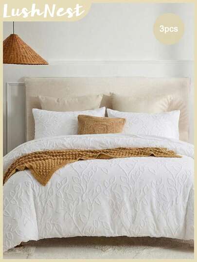 3pcs White Leaf Hollow Design Bedding Set - Duvet Cover And 1/2 Pillowcase, Soft & Comfortable Polyester Fabric, Breathable & Washable, Leaf Pattern, White Bedding, Natural Inspired