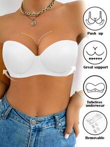 Peach Girl White Glossy Push-Up Bra, Bandeau Style, Detachable Straps. Lifting And Shaping Bust Design, Breathable And Aesthetically Back Line, Suitable For Everyday Wear. - White - View 1