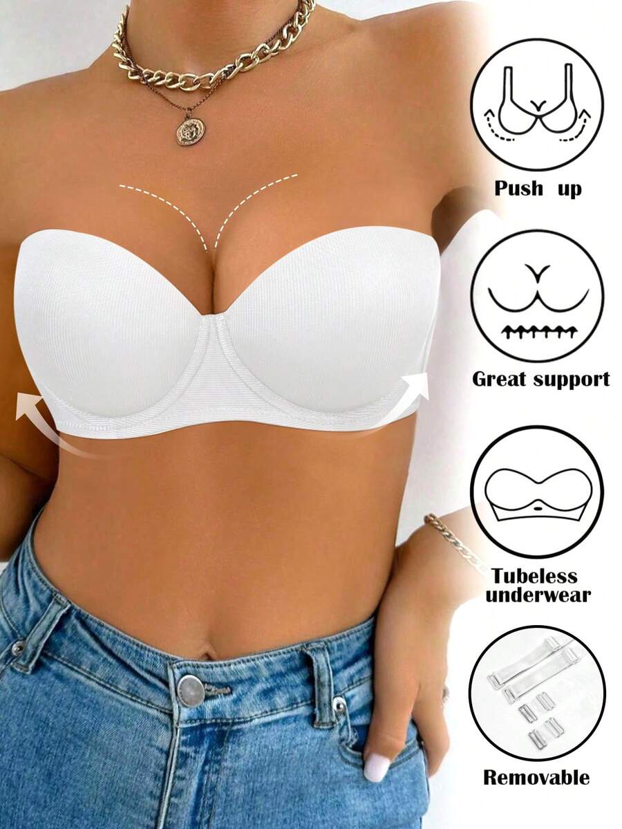 Peach Girl White Glossy Push-Up Bra, Bandeau Style, Detachable Straps. Lifting And Shaping Bust Design, Breathable And Aesthetically Back Line, Suitable For Everyday Wear. - White - View 1