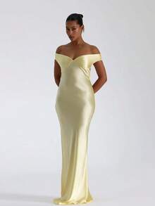 2026 New Arrival Women's European American Luxury Mermaid Satin Long Dress - Elegant Off-Shoulder Evening Gown - 淡黃色 - 查看 3