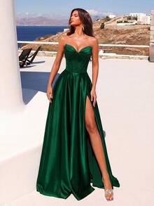 ADYCE Elegant Strapless V-Neck High Waist Slit Backless Tie Maxi Dress, Suitable For Summer Parties - Dark Green - View 5