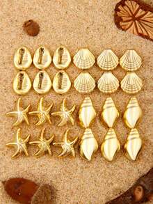 1 caja de cuentas de estrellas de mar, conchas y peces de playa de colores aleatorios para hacer collares, aretes y pulseras DIY - Océano dorado - Ver 5