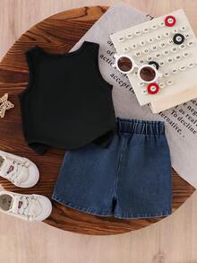 2pcs Baby Girl Fashionable Summer Set: Sleeveless Bow Print Top And Butterfly Print Ruffled Denim Shorts - Black - View 3