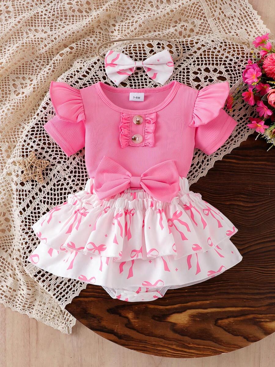 3pcs Baby Girl Princess Style Set: Ruffled Trim Button Decor Cap Sleeve Pink T-Shirt, Butterfly Print Double-Layer Cake Skirt With Bow Decor, And Bow Headband - Pink - View 1