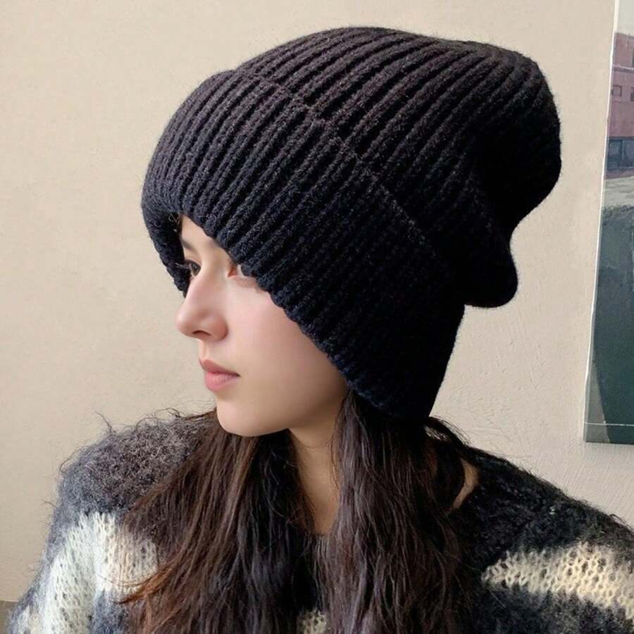 Women's Winter Loose Knitted Hat - Slim Beige, Mustard Yellow, Black | Soft Knitted Winter Hat With Earmuffs, Machine Washable | Pregnant And Daily Hats, Suitable For Christmas, New Year, Valentine's Day | Korean Fashion Beige And Mustard Yellow Available | Lightweight Warm Knitted Hat, Suitable For Women, Knitted Hat, Thick Winter Hat, Winter Hat - màu đen - Xem 1