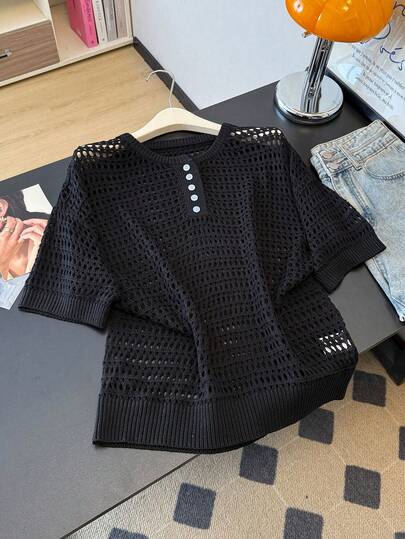 Áo len nữ tay ngắn, vai rớt, màu trơn, cài nút, khoét rỗng, kiểu dáng thoải mái, thích hợp cho kỳ nghỉ hè.