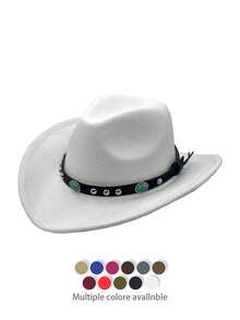 一顶男女通用的西部牛仔帽，饰有可拆卸的牛头铆钉 - 100% 涤纶手工编织爵士高顶帽，采用轻便无弹性设计，适合户外活动、骑马、派对舞台表演、生日派对等场合，夏季、海滩、假日皆宜。 - B - 查看 14