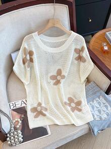 Floral Hollow Out Dropped Shoulder Round Neck Women Vest, Fashionable Casual Elegant Sweet Style Lightweight Summer Clothing - Cream - View 2