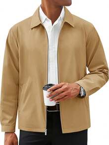 Runcati Mens Full Zip Lightweight Windbreaker Business Casual Fall Golf Coat Jacket With Pockets - Khaki - View 3