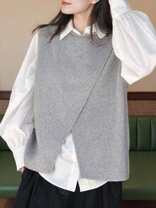 女士不对称下摆套头背心，简约设计，秋冬款 - 淺灰色 - 查看 3