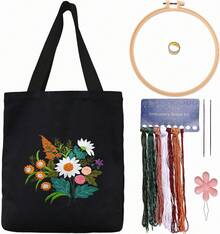 Kit de bordado para bolsa de lona con patrón para principiantes. Kits de manualidades de bordado DIY para adultos. Incluye instrucciones, dedal, bastidores de bordado e hilos de colores (CR002 jinxiumixiang) - CR002 chenhuicaoxina negra - Ver 3